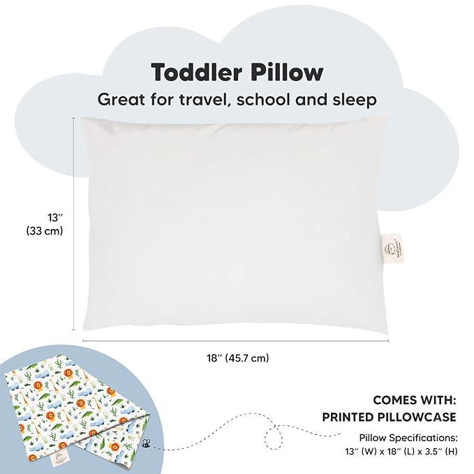 Toddler Pillow with Pillowcase - 13x18 My Little Dreamy Pillow, Organic Cotton Toddler Pillows for Sleeping, Kids Pillow, Travel Pillows, Mini Pillow, Nursery Pillow, Toddler Bed Pillow (Zoo)