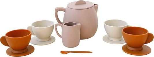 Marlowe & Co Silicone Tea Play Set for Children, 12 Piece Dishwasher Safe Tea Gift Set for Toddlers (Botanical Rose)