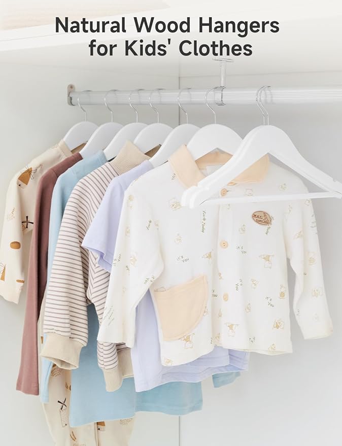 StorageWorks Baby Clothes Hangers, Kids Wooden Hangers with Pant Bar, 20-Pack Natural Wood Hangers for Toddler, Children's Coat Hangers for Closet, Solid Maple Wood Baby Hangers, White