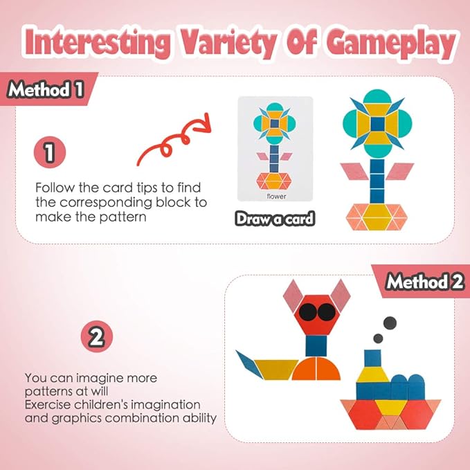 USATDD 180 Pcs Wooden Tangrams Pattern Blocks Set Geometric Manipulative Shape Puzzle Kindergarten Classic Educational Montessori Toys for Kids Toddlers Ages 4-8 with 24 Pcs Flash Cards