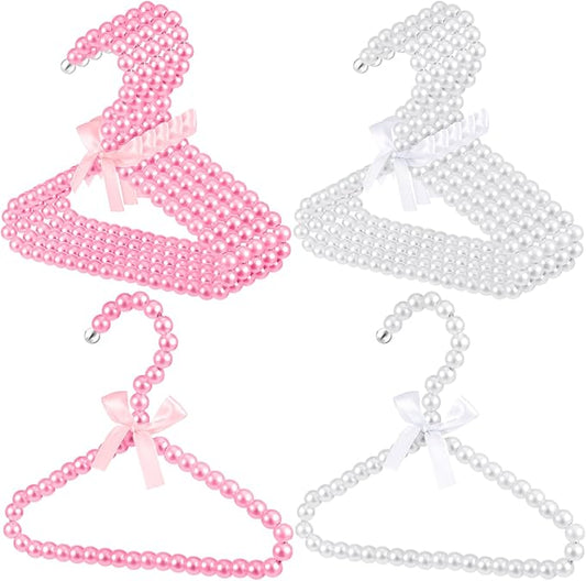 Wesiti 10 Pcs Small Pearl Hanger Mini Pearl Metal Elegant Clothes Hangers with Ribbon for Women Dog Cat (Pink,White)