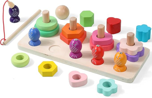 Wooden Magnetic Fishing and Shape Block Stacking Toys 2-in-1, Montessori Early Childhood Games for Toddlers, Gifts for 3-Year-Old Boys and Girls