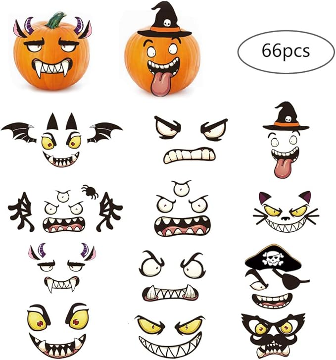 Halloween Pumpkin Decorating Kits,12 Sheets,66 Pcs,Makes 24 Pumpkins(12 Designs)- Halloween Party Supplies Trick or Treat Party Favors
