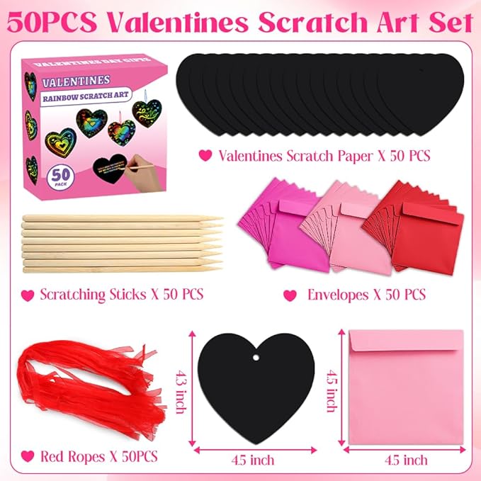 MDCGFOD 50 Pack Valentines Day Gifts for Kids, Rainbow Scratch Heart Crads Valentine Crafts for Kids - Create Magic Color Scratch Art for School Classroom Exchange Prizes Valentines Party Favors