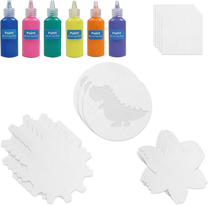 Spin & Paint Refill Pack is for the Wings Giant Spin Art Machine, 5 x Small Cards - 10 x Large Cards for Origami - 5 x Flower Cards - 5 x Gear Cards - 5 x Dinosaur Cards - 6 x Bottles of Colored Paint