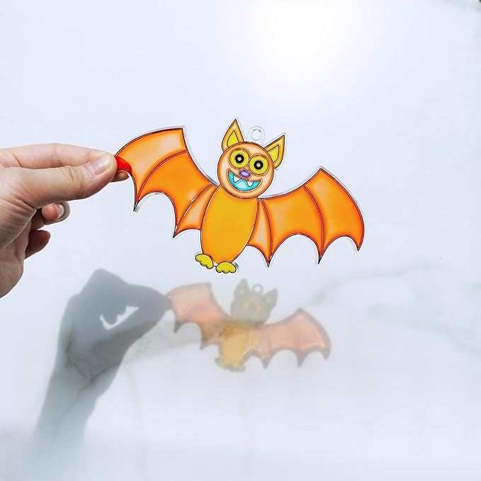 Winlyn 24 Sets Halloween Bat Suncatchers Ornaments Halloween Decorations DIY Window Paint Art Suncatchers Halloween Craft Kits Suncatchers Painting Kits for Kids Activities Classroom Art Project