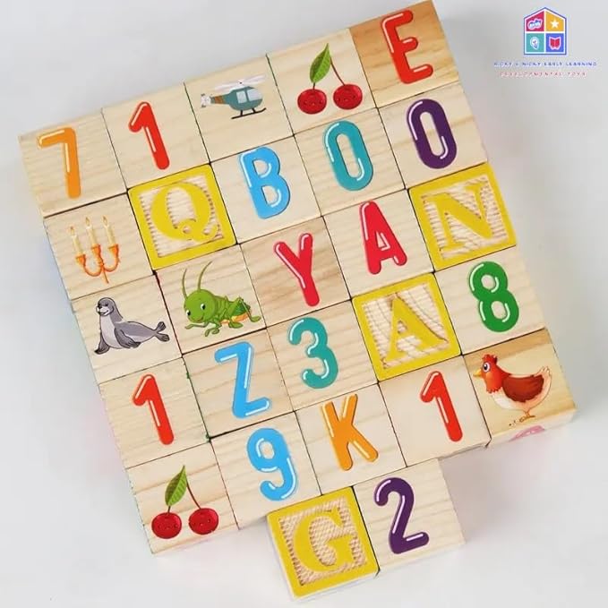 Ricky & Nicky Early Learning ABC/123/Shapes/Patterns 1-Inch Blocks Set With Storage Wooden Box (26 pcs) - Letters And Numbers/ABC Classic Wooden Blocks For Toddlers And Kids Ages 3+