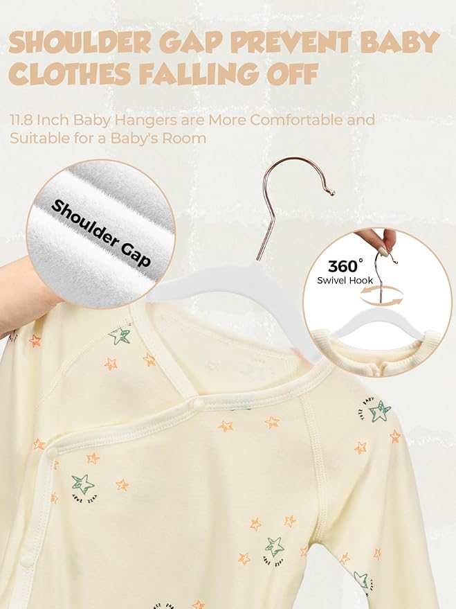 Smartor Premium Baby Hangers Velvet for Closet 50 Pack, 11.8" Durable Kids Felt Hangers Non Slip for Toddler, Baby Clothes Hangers for Childrens on Closet Storage (Rose Gold Hook)- White