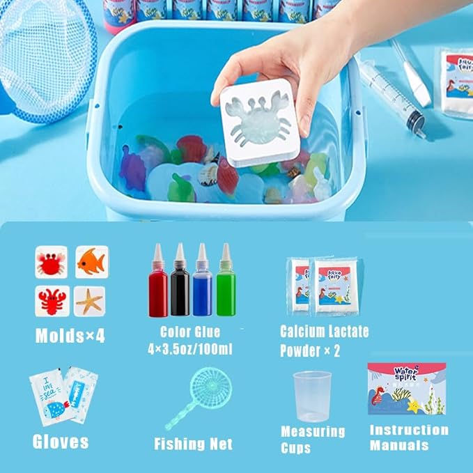 Nipaqohi Magic Water Elf Toy Kit, 4 Colors Aqua Fairy Water Gel Kit with 4 Sea Creature Molds, Birthday Gifts, Arts & Crafts DIY Water Elf Kit for Kids - 100ml/3.5 fl oz