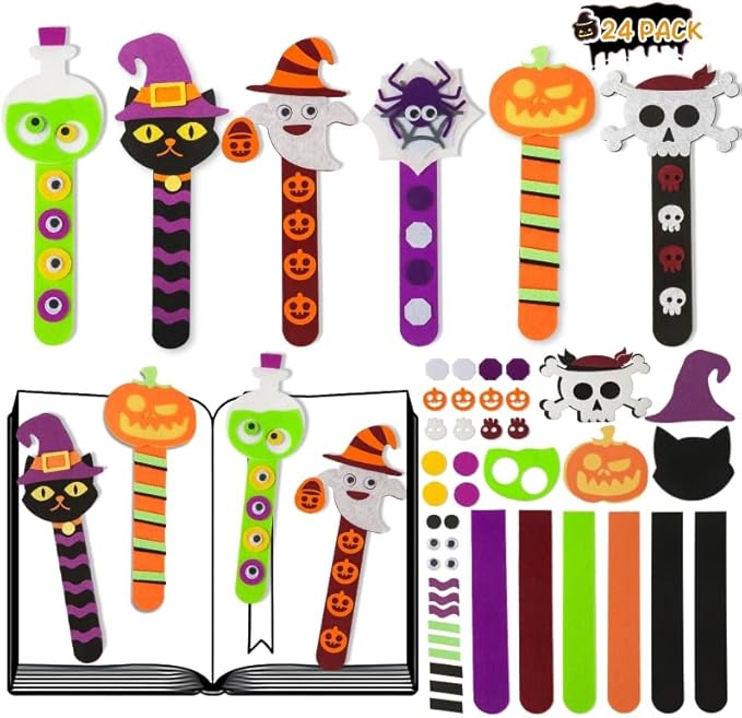 Shemira 24 Pack Halloween Crafts for Kids, Halloween Bookmark Craft for Party Favors, Halloween Trick or Treating Gifts Toys, Halloween Miniatures Prizes for Kids, Halloween School Art Activities