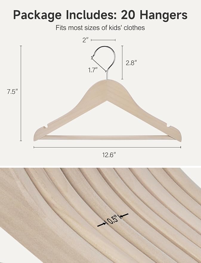 StorageWorks Baby Clothes Hangers, Kids Wooden Hangers with Pant Bar, 20-Pack Natural Wood Hangers for Toddler, Children's Coat Hangers for Closet, Solid Lotus Wood Hangers, Natural Lotus Wood Color