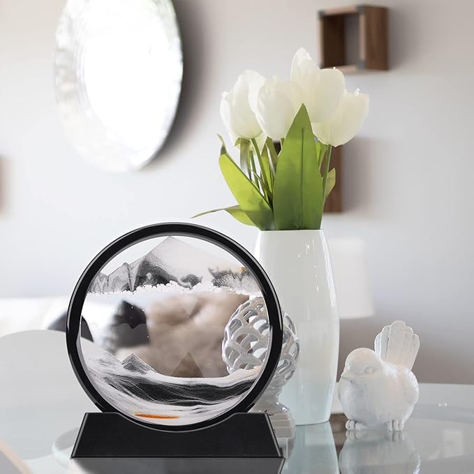 QLKUNLA Moving Sand Art Picture Liquid Motion 3D Deep Sea Sandscape in Motion Display Flowing Sand Frame Relaxing Desktop Home Office Work Decor Art Toys (7 inch, Black)