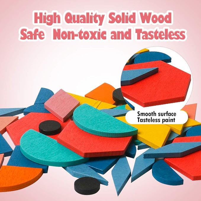 USATDD 180 Pcs Wooden Tangrams Pattern Blocks Set Geometric Manipulative Shape Puzzle Kindergarten Classic Educational Montessori Toys for Kids Toddlers Ages 4-8 with 24 Pcs Flash Cards