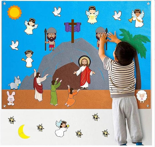 WATINC 42Pcs Nativity Baby Jesus Birth Felt Story Board Set Christmas Storytelling Party Supplies Xmas He is Risen Jesus Crucifixion Resurrection Early Learning Play Kit for Toddlers Kids