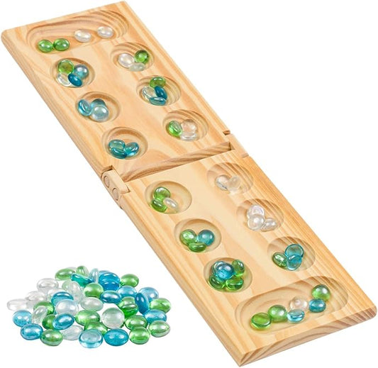 Regal Games Mancala Board Game - Fun Classic Table Game with Wooden Board for Adults & Kids - 48 Glass Mancala Beads & 2 Player Games - Ideal for Family Game Night, Travel (Ages 8+)