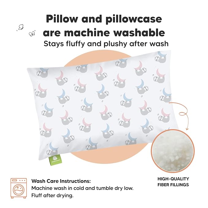 Toddler Pillow with Pillowcase - 13x18 My Little Dreamy Pillow, Organic Cotton Toddler Pillows for Sleeping, Kids Pillow, Travel Pillows, Mini Pillow, Nursery Pillow, Toddler Bed Pillow (Moon Sloth)