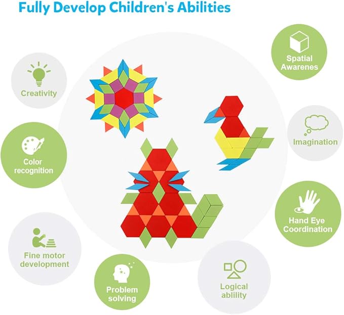 Coogam Wooden Pattern Blocks Set 130PCS Geometric Color Shape Manipulative Puzzle – Graphical Montessori Tangram Early Learning Educational Toys Brain Teasers STEM Gift for Kids with 24 Design Cards