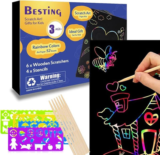 Scratch Paper Art 7.5” x 5.5” 52 Pieces for Kids Rainbow Color Scratch Off Paper Book Ideal Birthday Christmas Party Gift for Kids Help Children to Focus Practice Hands (SP139)