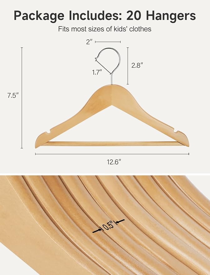 StorageWorks Baby Clothes Hangers, Kids Wooden Hangers with Pant Bar, 20-Pack Natural Wood Hangers for Toddler, Children's Coat Hangers for Closet, Solid Maple Wood Hangers, Natural Maple Wood Color