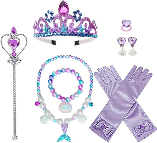 Princess Mermaid Costume Dress up Accessories for Girls Mermaid Gloves Tiara Crown Necklace Wand Earrings Bracelet Ring Princess Halloween Cosplay Accessories Christmas Gifts Set (Purple Mermaid)
