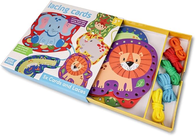 Serabeena Safari Kids Lacing Cards - Colorful Lacing Cards for Kids Ages 3-5 Plus - Lace Up Sewing Cards - Develops Hand-Eye Coordination & Fine Motor Skills - 5 Sewing Animals for Kids with Laces
