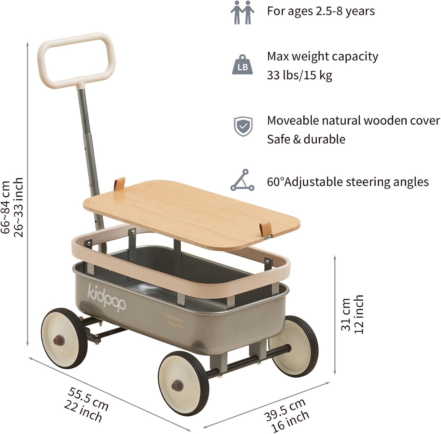 kidpop PULA-Wild 3-in-1 Kids' Pull-Along Wagon Toddlers Push Walker for 2.5-8, Removable Wooden Cover and Adjustable Handlebar, Birthday Gifts Max Weight 33 lbs (Grey)