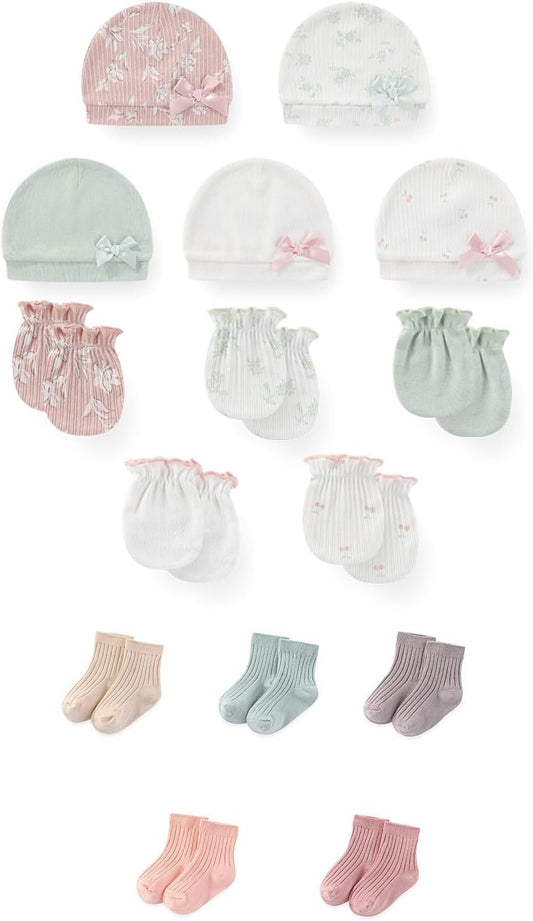15 Pack Unisex New Born Boy Girls No Scratch Mittens Sets Cotton Soft Baby Gloves Hats socks Accessory 0-6 Months