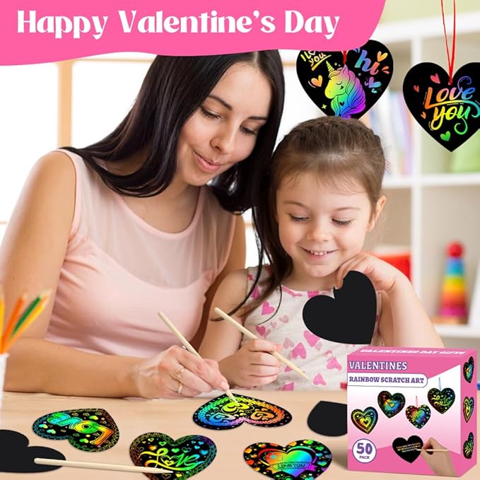 MDCGFOD 50 Pack Valentines Day Gifts for Kids, Rainbow Scratch Heart Crads Valentine Crafts for Kids - Create Magic Color Scratch Art for School Classroom Exchange Prizes Valentines Party Favors
