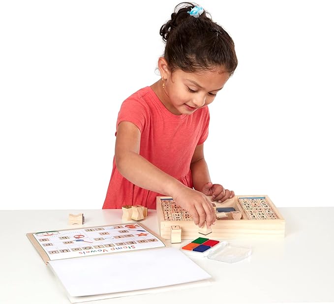 Melissa & Doug Deluxe Wooden Toy Stamp Set ABCs 123s Arts and Crafts Stamp Sets and Stencils 3+ Gift for Boy or Girl