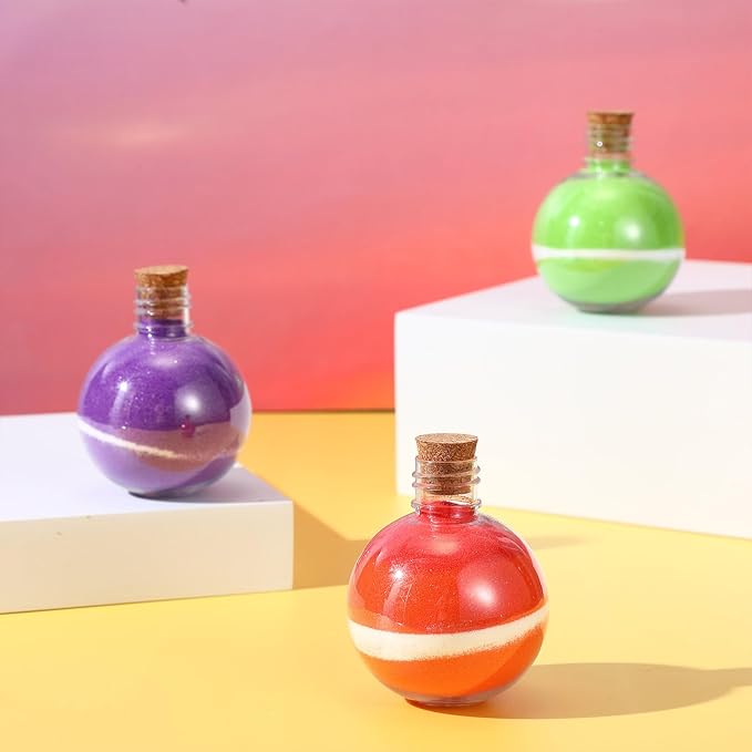 65 Pcs Plastic Sand Art Bottles with Corks Include 20pcs 3.4oz Sand Art Bottles, 40 Colored Art Sand, 5 Plastic Funnels Plastic Clear Containers for Sand Art Fun Arts Crafts Supplies (Round)