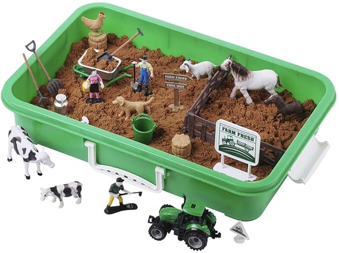 Dazmers Farm Animal Toys Sand Play Set - 28 Piece Farm Sand Playset for Kids - Includes Farm Animals, Tools, Play Sand - Fun Farm Activities for Kids - Ideal for Sensory and Creative Play