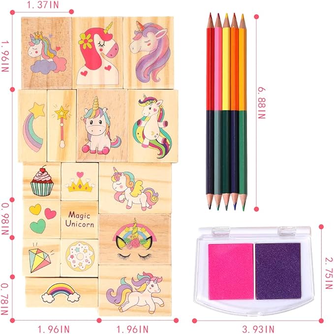 Unicorn Wooden Stamp and Sticker Set for Girls, Stampers, Inkpad, Coloring Pencil, Sticker Included, Arts & Crafts Set for Girls Boys Kids Ages 4 5 6 7 8 9 10 Years Old