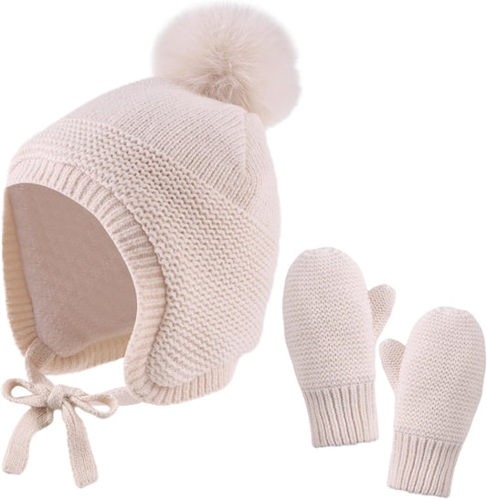 Basic Winter Baby Beanie Gloves Boys Girls Knitted Hat Pompom Kids Earflap Hats Warm Infant Toddler Beanie Mittens Set