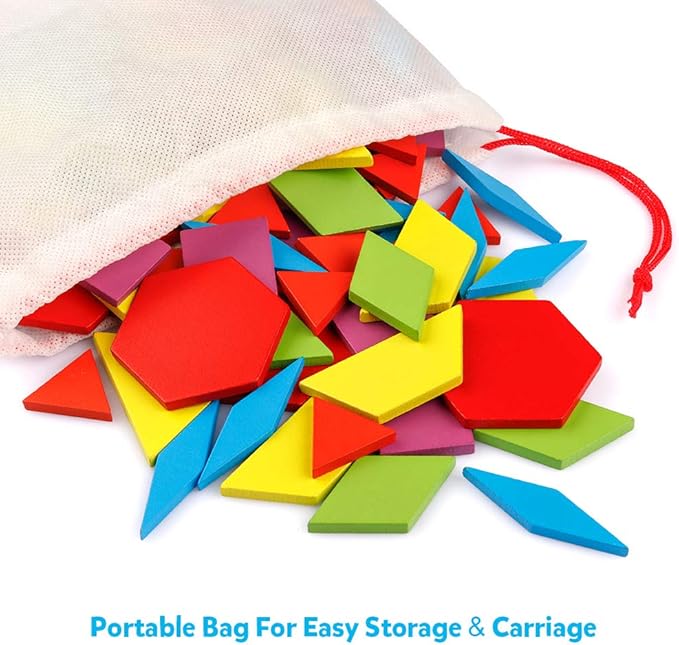 Coogam Wooden Pattern Blocks Set 130PCS Geometric Color Shape Manipulative Puzzle – Graphical Montessori Tangram Early Learning Educational Toys Brain Teasers STEM Gift for Kids with 24 Design Cards