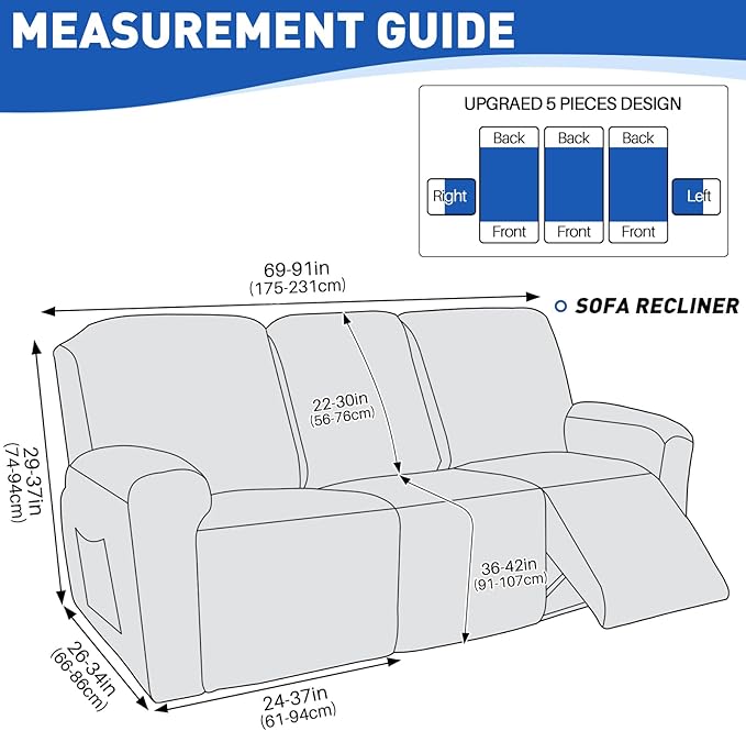 MAXIJIN Waterproof Recliner Couch Cover 5 Pieces Recliner Sofa Covers 3 Seater, Reclining Couch Furniture Protector with Elastic Straps & Pockets for Pet, Kids (Sofa Recliner, Dusty Pink)