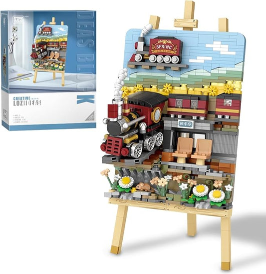 LOZ 1296 Mini Blocks Building Sets,3D Art Framed Train Station Building Kit,MOC Street View Creative Model Set,Creative DIY Bricks Toys for Adults Boys - 758 PCS (1296)