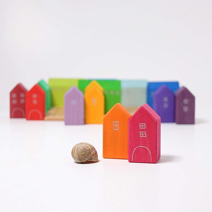 'Little Houses' Rainbow Large 15 Piece Rainbow Blocks, Wooden Toys for Kids, Geometric Stacking Educational Building Block Set