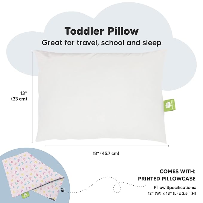 Toddler Pillow with Pillowcase - 13x18 My Little Dreamy Pillow, Organic Cotton Toddler Pillows for Sleeping, Kids Pillow, Travel Pillows, Mini Pillow, Nursery Pillow, Toddler Bed Pillow (Flutter)