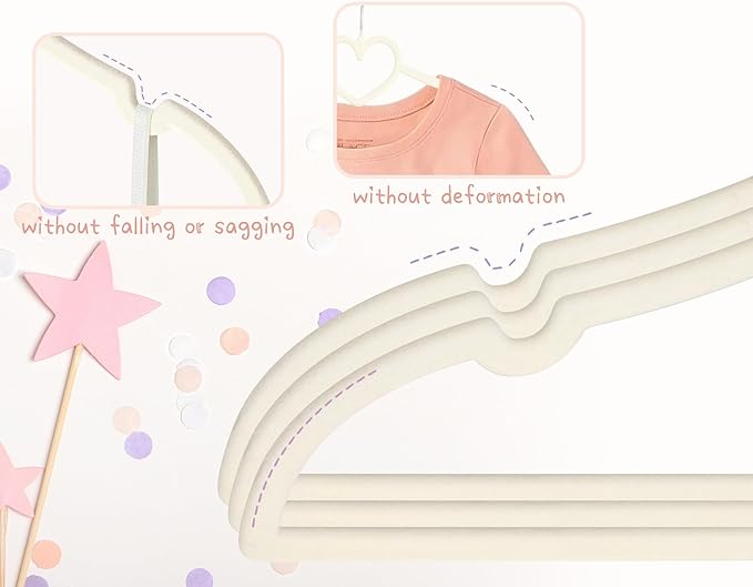 Beige Heart Velvet Baby Hangers - 50pack 13inch Toddler Hangers with 20pcs Clips,Ultra Slim and Stackable Space Saving