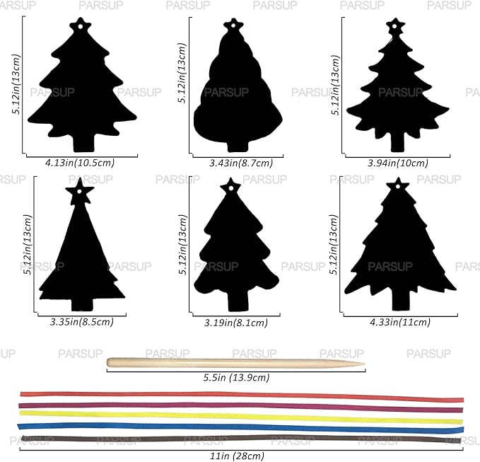 PARSUP 144Pcs Christmas Tree Scratch Paper Rainbow Color Scratch Ornaments Christmas Decorations Hanging Craft Art Kits with Wooden Stick and Ribbon for Kids Christmas Winter Party Favors