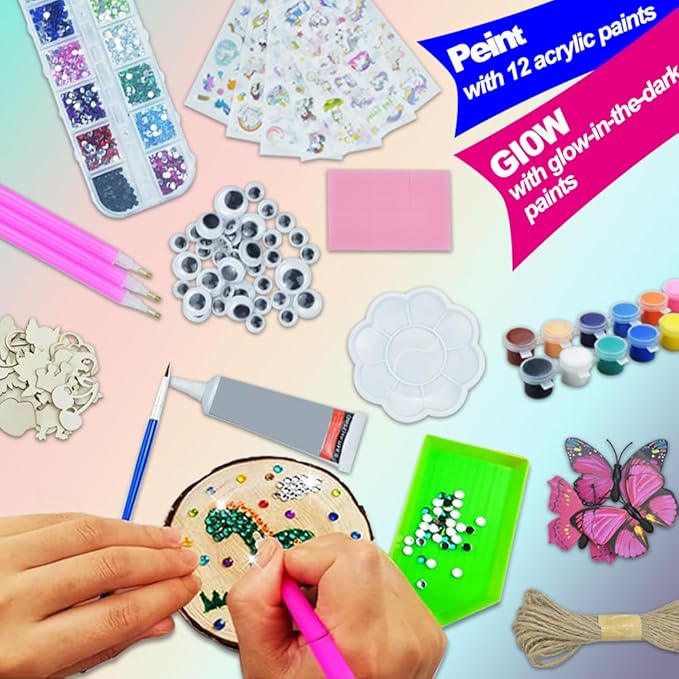 Quimoy 24 Pcs Wooden Painting Kit-Glow in The Dark, Valentines Day Gifts for Kids Classroom, Ornament Making Kit for Kids, Painting Kits for Kids Ages 4-8, Valentines Party Exchange Gifts for Boy Girl