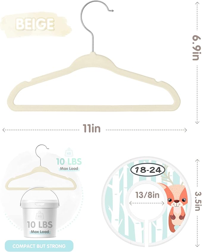 Baby Hangers, VIS'V 11 Inch Beige Velvet Kids Hangers with 6 Pcs Size Dividers Non Slip Nursery Children Closet Clothes Hangers for Infant Toddler Girls and Boys 50 Pcs