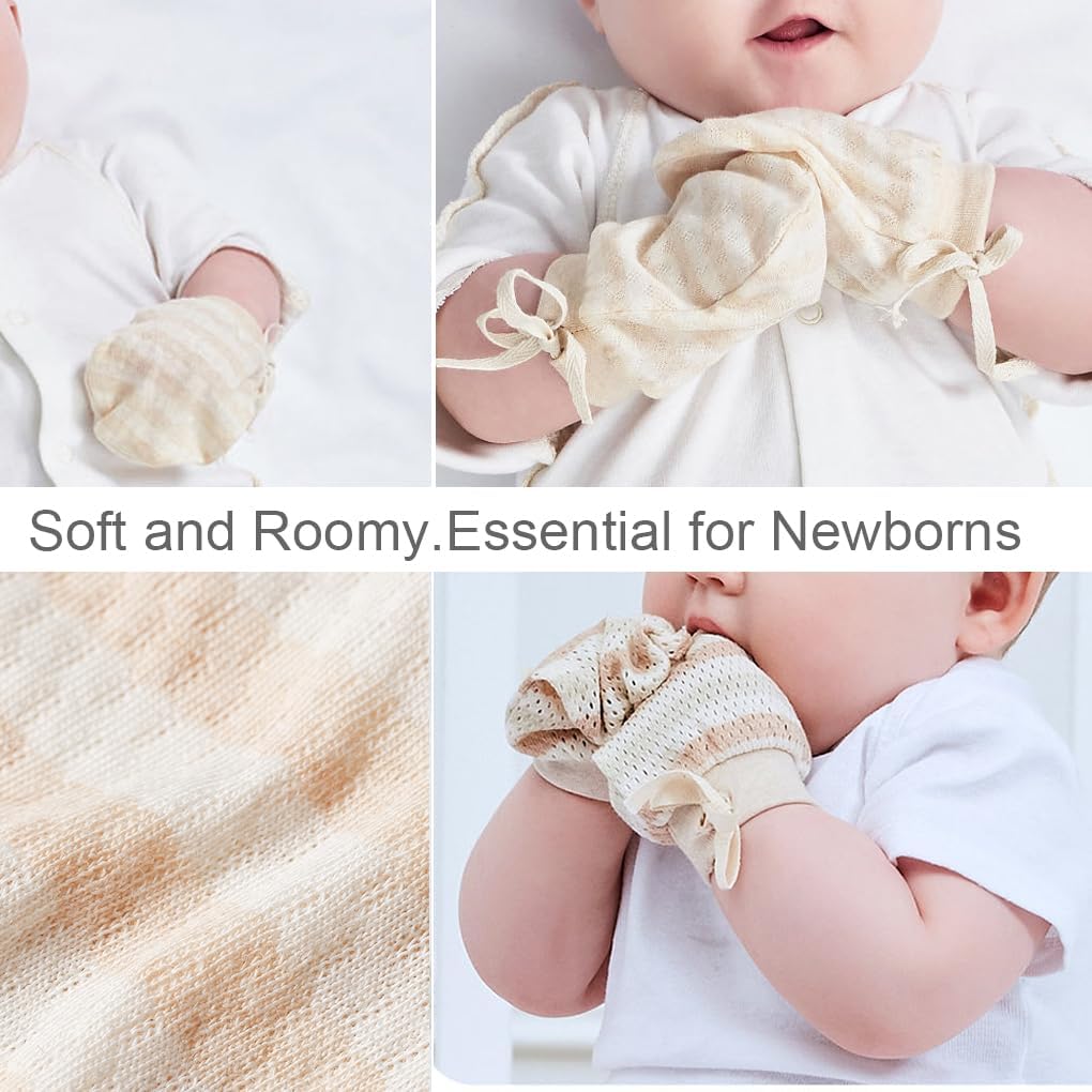 Newborn Mittens No Scratch 100% Organic Cotton 3 Packs Mitts Baby Boy Girl Neutral With String 0-12 months
