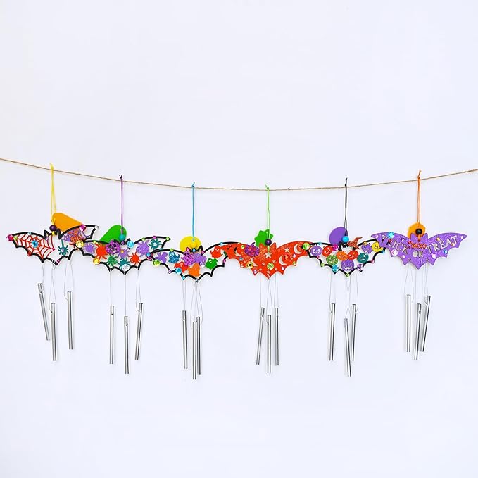 Winlyn 24 Sets Halloween Crafts Fall Crafts Halloween Bat Craft Kits DIY Wooden Bat Wind Chimes Ornaments Craft Kits for Kids Classroom Activities Art Project Halloween Decorations Party Favors