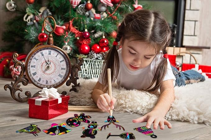 XJF Christmas Scratch Paper Ornaments, 22pcs Christmas Scratch Art Paper for Kids Toddlers Party and Xmas Tree Decoration Gift Tags Supplies