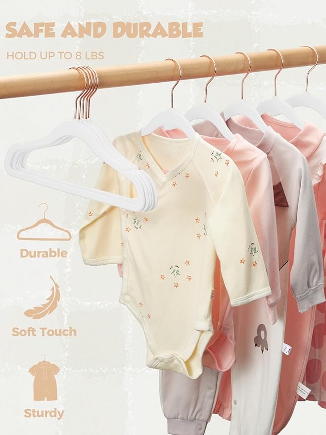 Smartor Premium Baby Hangers Velvet for Closet 50 Pack, 11.8" Durable Kids Felt Hangers Non Slip for Toddler, Baby Clothes Hangers for Childrens on Closet Storage (Rose Gold Hook)- White