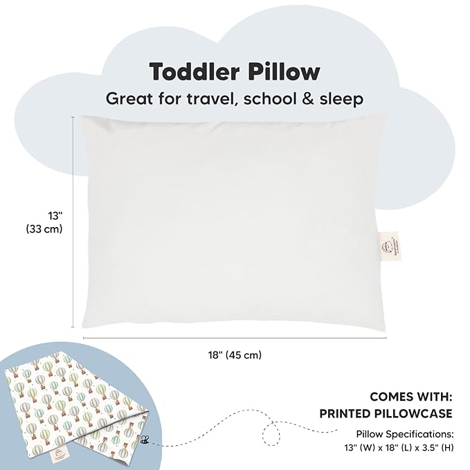 Toddler Pillow with Pillowcase - 13x18 My Little Dreamy Pillow, Organic Cotton Toddler Pillows for Sleeping, Kids Pillow, Travel Pillows, Mini Pillow,Nursery Pillow,Toddler Bed Pillow(Hot Air Balloon)
