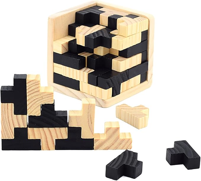 Wooden Brain Teaser Puzzle Cube Easter Basket Stuffers Wooden Puzzles T-Shaped Jigsaw Logic Puzzle Educational Toy for Kids and Adults by AHYUAN (Black and Natural)