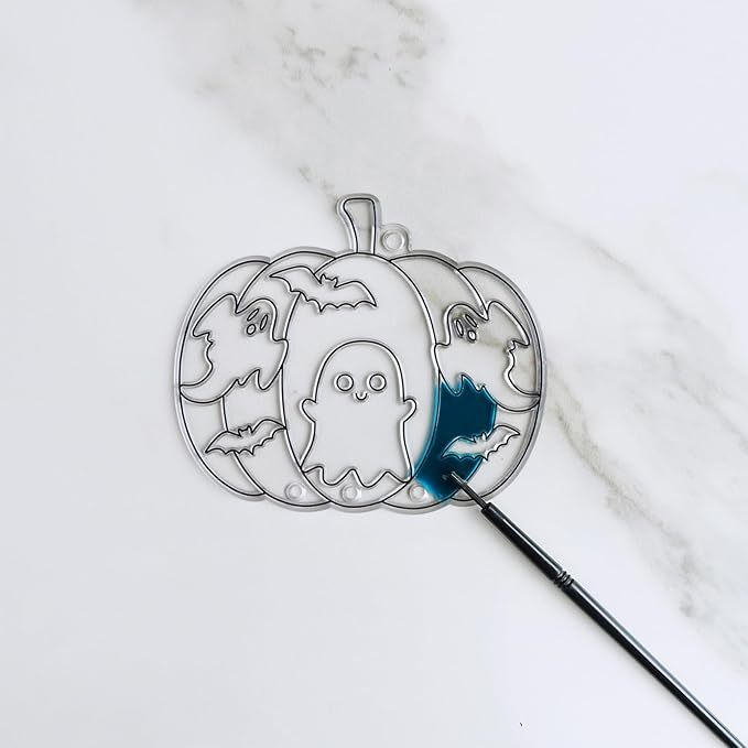 Winlyn 24 Sets Halloween Pumpkin Suncatcher Wind Chime Ornaments Decorations DIY Window Paint Art Suncatcher Craft Kits Pumpkin Sun Catchers for Kids Classroom Halloween Activities Holiday Art Project