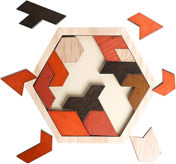 Skrtuan Wooden Puzzle Hexagon Tangram Puzzle for Kids Adults Brain Teasers Puzzles Game Challenge Toy Shape Pattern Block Tangram Family Portable Montessori Educational Gift for All Ages Boys Girls